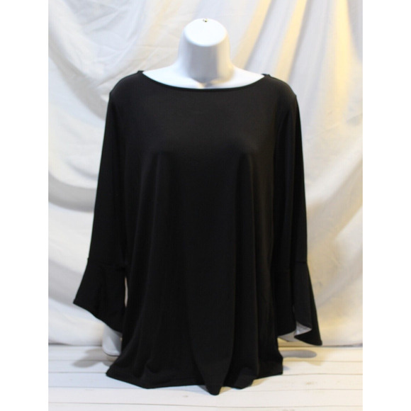 Susan Graver Women's M Black Liquid Knit Top Flutter 3/4 Sleeve Round neck - Picture 1 of 11